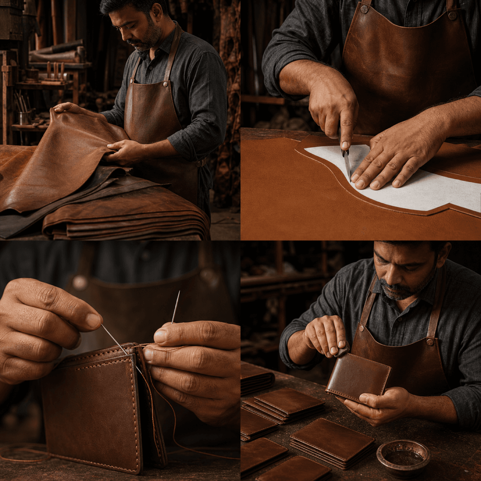Hands caring for and finishing a leather product